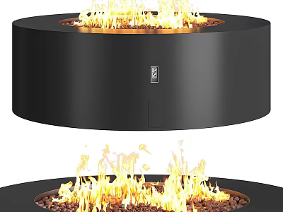 Modern Black Round Fireplace Design With Burning Flames And Decorative Gravel 3d model