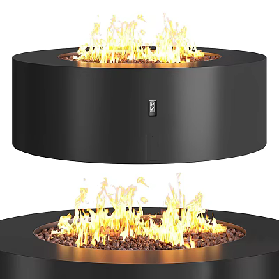 Modern Black Round Fireplace Design With Burning Flames And Decorative Gravel 3d model