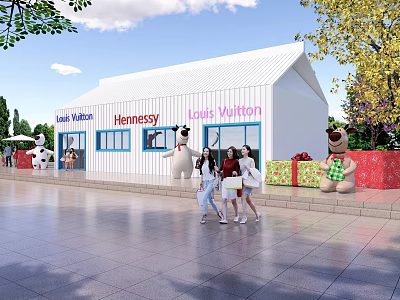 White Storefront With Hennessy Louis Vuitton Logos Cartoon Figures Women Walking Near Gift Boxes 3d model