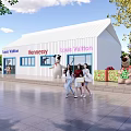 White Storefront With Hennessy Louis Vuitton Logos Cartoon Figures Women Walking Near Gift Boxes
