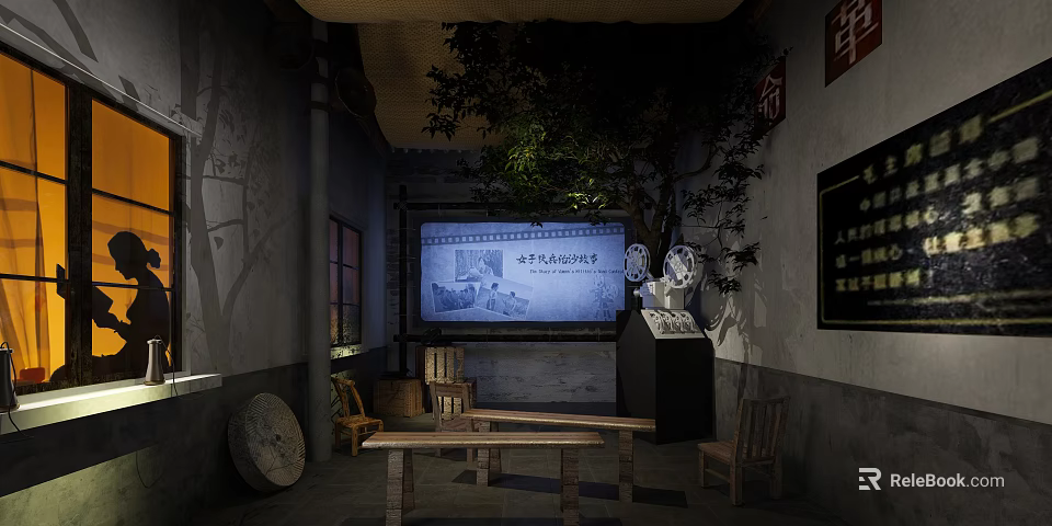 Vintage Cinema Interior With Old Fashioned Projector And Wooden Tables Chairs 3d model 
