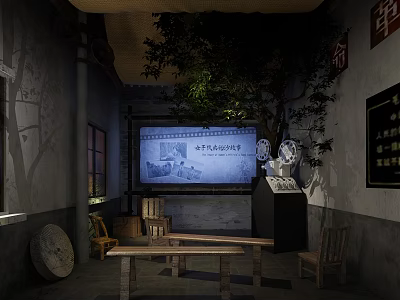 Vintage Cinema Interior With Old Fashioned Projector And Wooden Tables Chairs 3d model