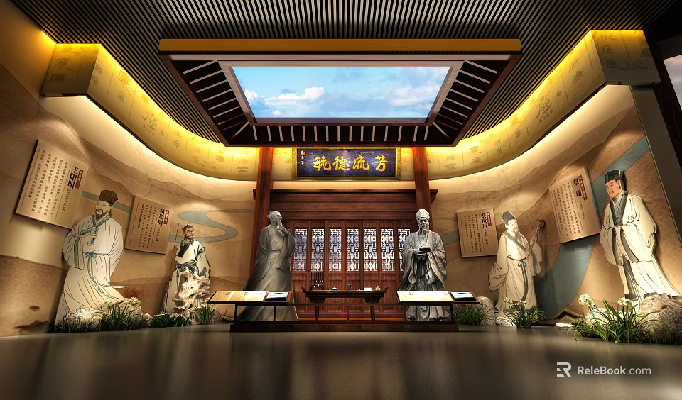 Confucian Temple Courtyard Scene With Statues Of Ancient Scholars Traditional Wooden Architecture And Inscribed Plaque 3d model 
