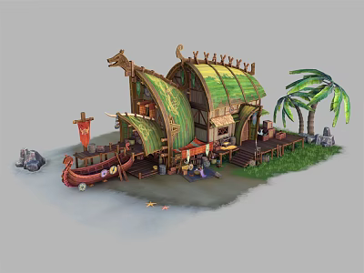 Cartoon Tribal Style Scene With Green Roof Building Small Boat Palm Tree Steps And Platform 3d model