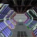 Cartoon Style Sci Fi Scene With Glowing Blue Panels Central Walkway And Ceiling Pipes