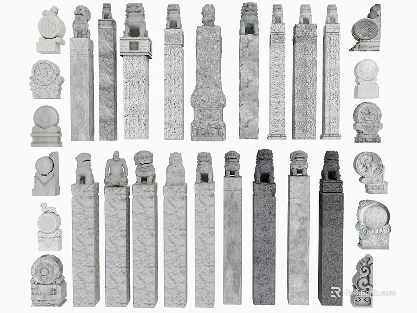 Decorative Stone Columns With Various Designs Carved Details And Architectural Elements 3d model