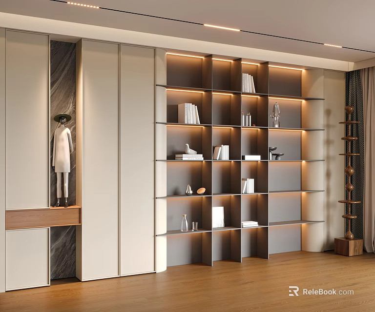Modern Entryway Side Cabinet Design With Console Storage Lighting And Bookshelf Decor 3d model 
