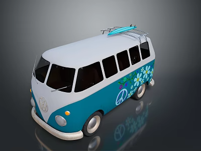 Blue and White Volkswagen Bus With Peace Sign Flower Decals And Surfboard On Roof 3d model