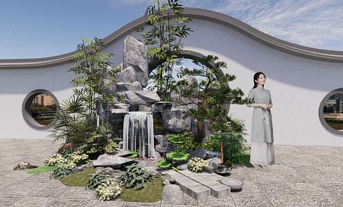 New Chinese style waterscape sketch rockery falling water landscape 3d model