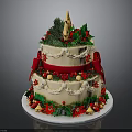 Festive Christmas Cake With Two Layers Cream Red Bow Holly Berries And Gold Ornaments