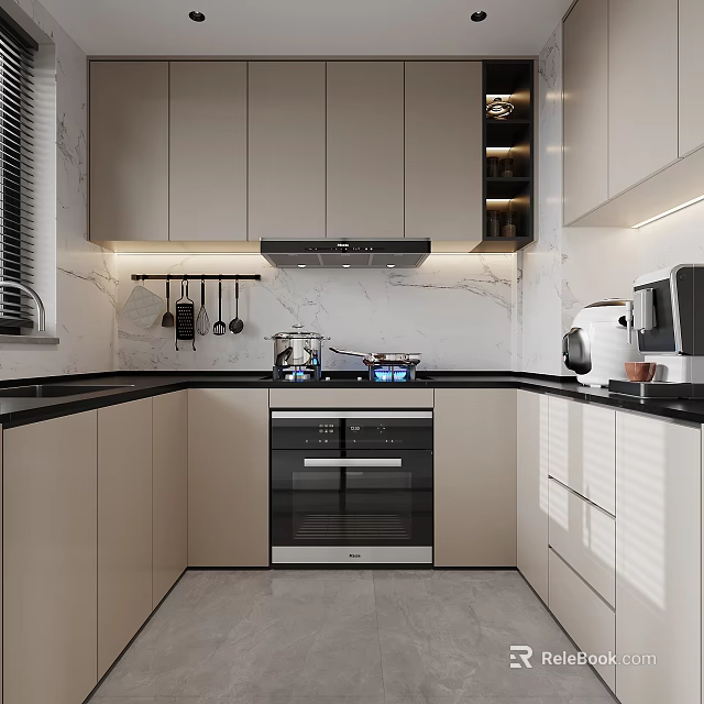 Modern Kitchen Interior Featuring Beige Cabinets Black Countertop Marble Backsplash And Range Hood 3d model