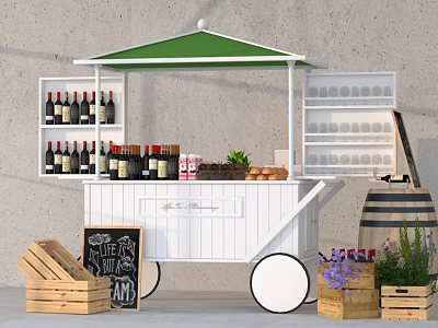 White Functional Cart With Green Canopy Wine Bottles Glassware Beverages Bread And Plants 3d model
