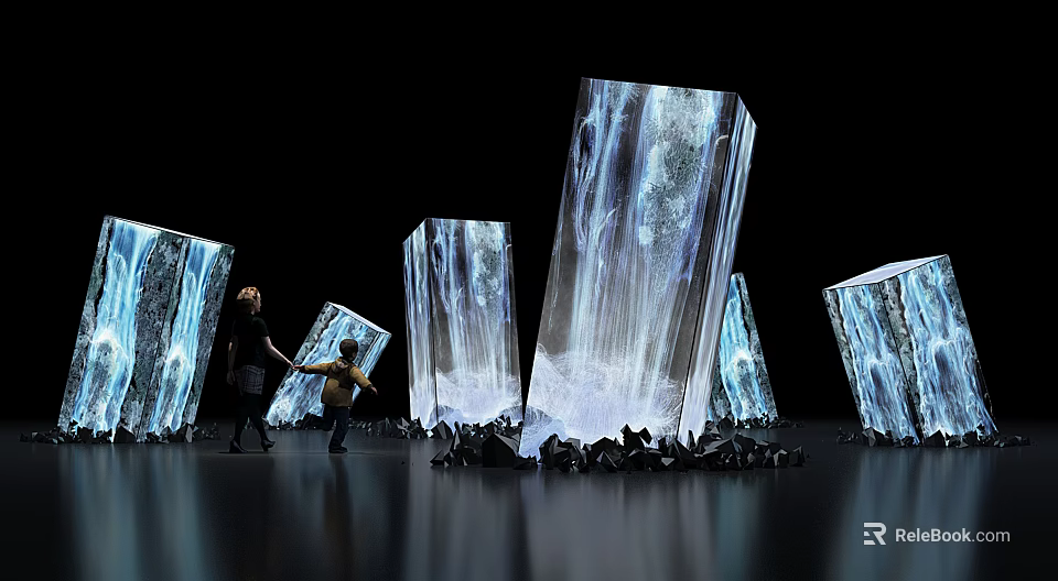 Crystal Like Transparent Cubes With Projected Water Flow And People Interaction 3d model