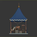 Blue Decorative Tent With Gold Trim Wooden Pillars Table Chairs And Books In Cozy Setting