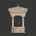 Antique Style Stone Well Model With Carved Details And Wooden Bucket