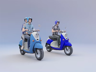 Two People Riding Blue And White Electric Scooters Wearing Helmets 3d model