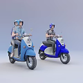 Two People Riding Blue And White Electric Scooters Wearing Helmets