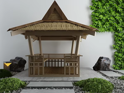 Traditional Garden Pavilion With Thatched Roof Wooden Structure Ivy Covered Wall And Stone Pathway 3d model