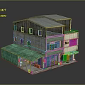 Two Story Building Featuring Green Awning Colorful Facade Green Window Frames And Flat Roof