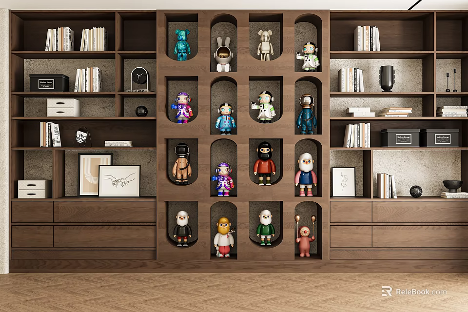 Modern Built in Wooden Bookshelf With Arched Niches for Dolls Books and Decorations 3d model 
