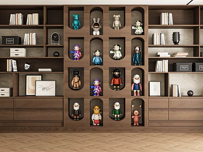Modern Built in Wooden Bookshelf With Arched Niches for Dolls Books and Decorations 3d model