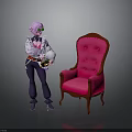 Red Tufted Chair With Wooden Frame And Pink Haired Character In Stylish Outfit