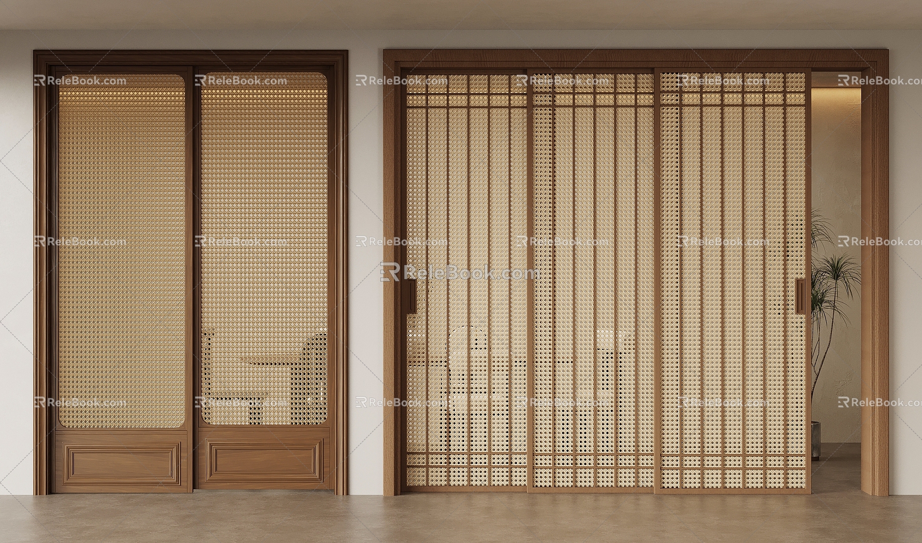 Middle-style sliding door Wooden sliding door Rattan sliding door Triple-linkage sliding door 3d model