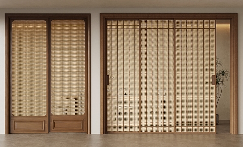 Middle-style sliding door Wooden sliding door Rattan sliding door Triple-linkage sliding door 3d model