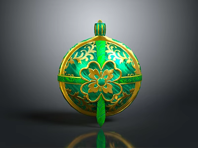 Ancient Spherical Weapon With Green Gold Finish Intricate Patterns And Leaf Decorations 3d model