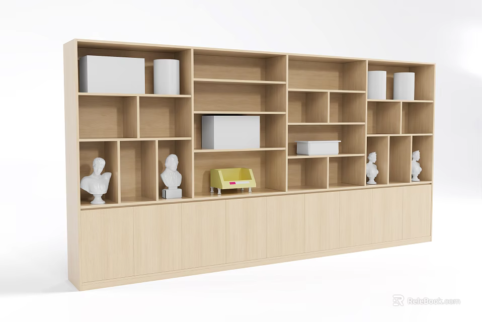 School Study Area With Wooden Bookshelf Multiple Compartments White Sculptures And Yellow Item 3d model 