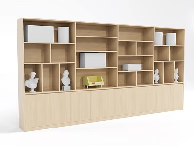 School Study Area With Wooden Bookshelf Multiple Compartments White Sculptures And Yellow Item 3d model