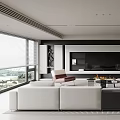 Modern Living And Dining Room Interior With White Sofas Black Coffee Table Fireplace TV Wall