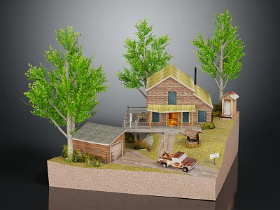 Cartoon Model Scene With Brown House Chimney Green Trees Small Shed and Vintage Car 3d model