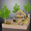 Cartoon Model Scene With Brown House Chimney Green Trees Small Shed and Vintage Car