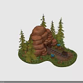 Rocky Mine Entrance Scene with Rail Tracks Mine Cart Blue Flame Torches and Pine Trees