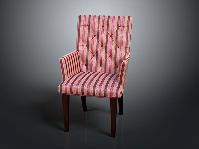 Stylish Pink And White Striped Accent Chair With Diamond Tufted Back And Wooden Legs 3d model