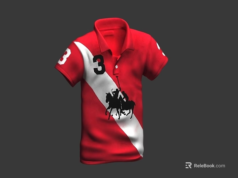 Red Short Sleeve Polo Shirt With Collar White Diagonal Stripe Number 3 And Rider Graphic 3d model 