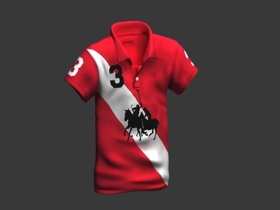 Red Short Sleeve Polo Shirt With Collar White Diagonal Stripe Number 3 And Rider Graphic 3d model