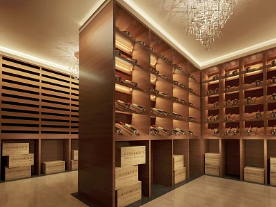 Luxurious Wine Cellar Interior With Wooden Racks Wine Bottles And Cases 3d model
