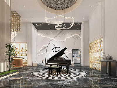 Elegant Hotel Lobby With Grand Piano Marble Wall And Decorative Floor Pattern 3d model