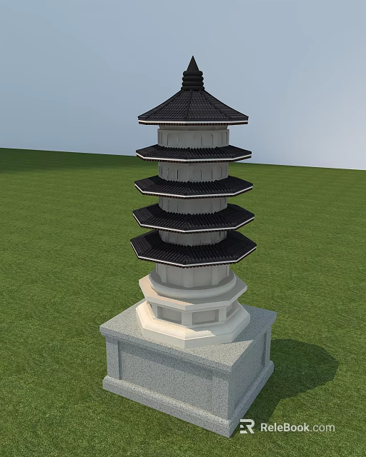 Traditional Multi Tiered Pagoda With Black Roof Light Body And Green Grass 3d model 