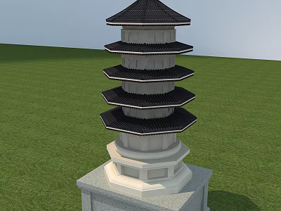 Traditional Multi Tiered Pagoda With Black Roof Light Body And Green Grass 3d model