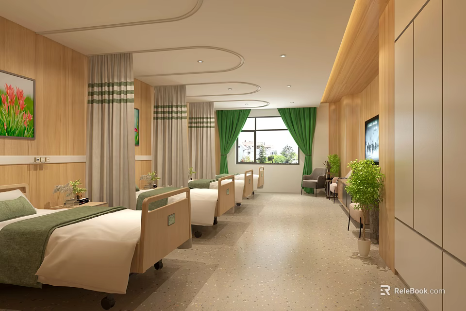 Spacious Hospital Ward Interior With Wooden Walls Green Curtains Multiple Beds And TV 3d model 