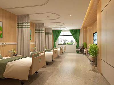 Spacious Hospital Ward Interior With Wooden Walls Green Curtains Multiple Beds And TV 3d model