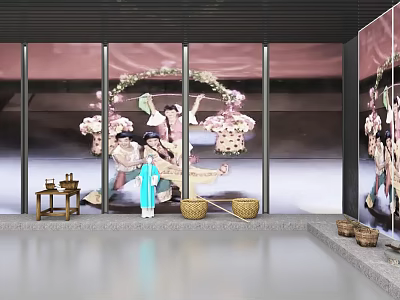 Scene Featuring Traditional Attire Figures Transparent Glass Walls Decorative Flower Garlands Small Table And Baskets 3d model