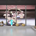 Scene Featuring Traditional Attire Figures Transparent Glass Walls Decorative Flower Garlands Small Table And Baskets