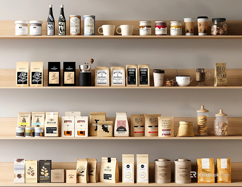 Organized Food Packaging Display With Jars Bottles Bags And Containers On Wooden Shelves 3d model 