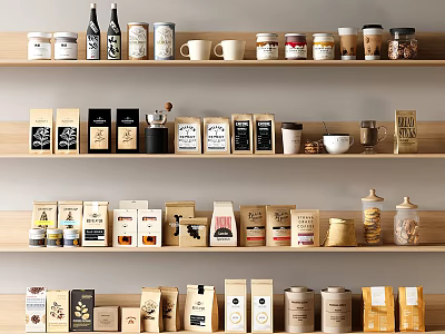 Organized Food Packaging Display With Jars Bottles Bags And Containers On Wooden Shelves 3d model