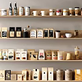 Organized Food Packaging Display With Jars Bottles Bags And Containers On Wooden Shelves