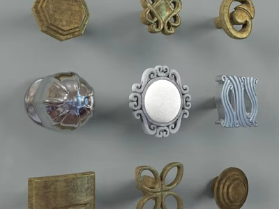 Various Stylish Cabinet Handles With Ornate Metal Designs And Different Shapes 3d model